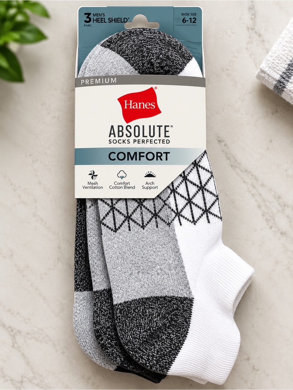 Hanes Men's Low-Cut Athletic Heel Shield Socks - White, Black & Gray (3 Pairs)